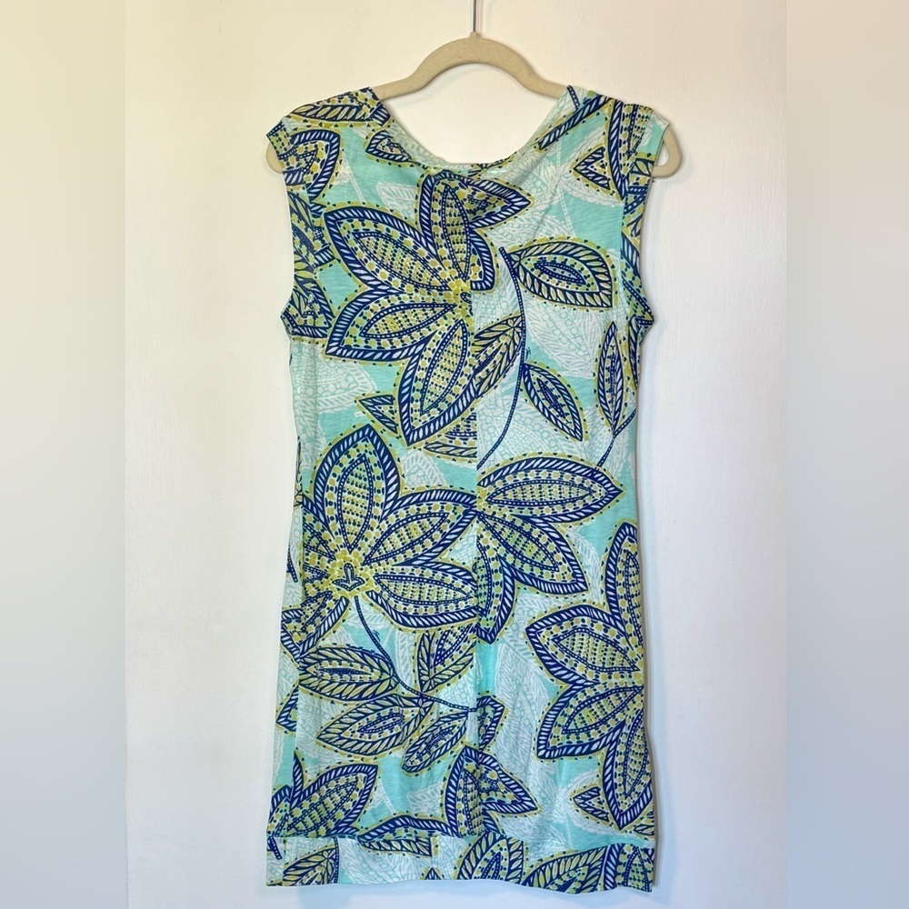 Trina Turk Blue Tropical Leaf Print Sleeveless Lightweight Mini Dress- Small - Picture 2 of 6